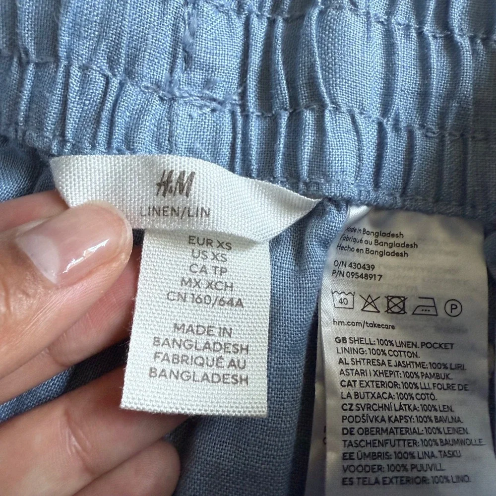 H&M 100% Linen Pants Womens XS Blue Drawstring Elastic‎ Waist Casual Lightweight